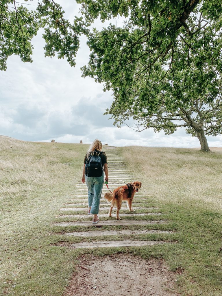 Woman with dog walking up field of grass
