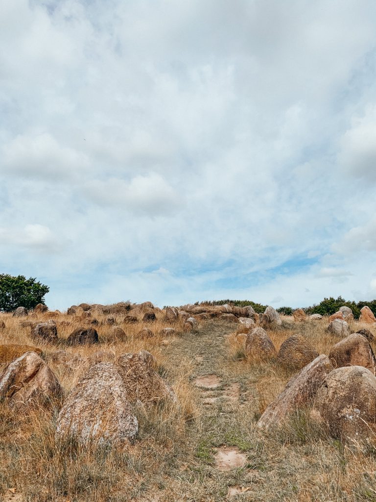 Large brown rocks marking Viking graves on hillside at Lindholm Høje
