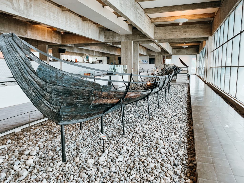 Ancient wooden Viking ship in the Roskilde Viking Ship Museum