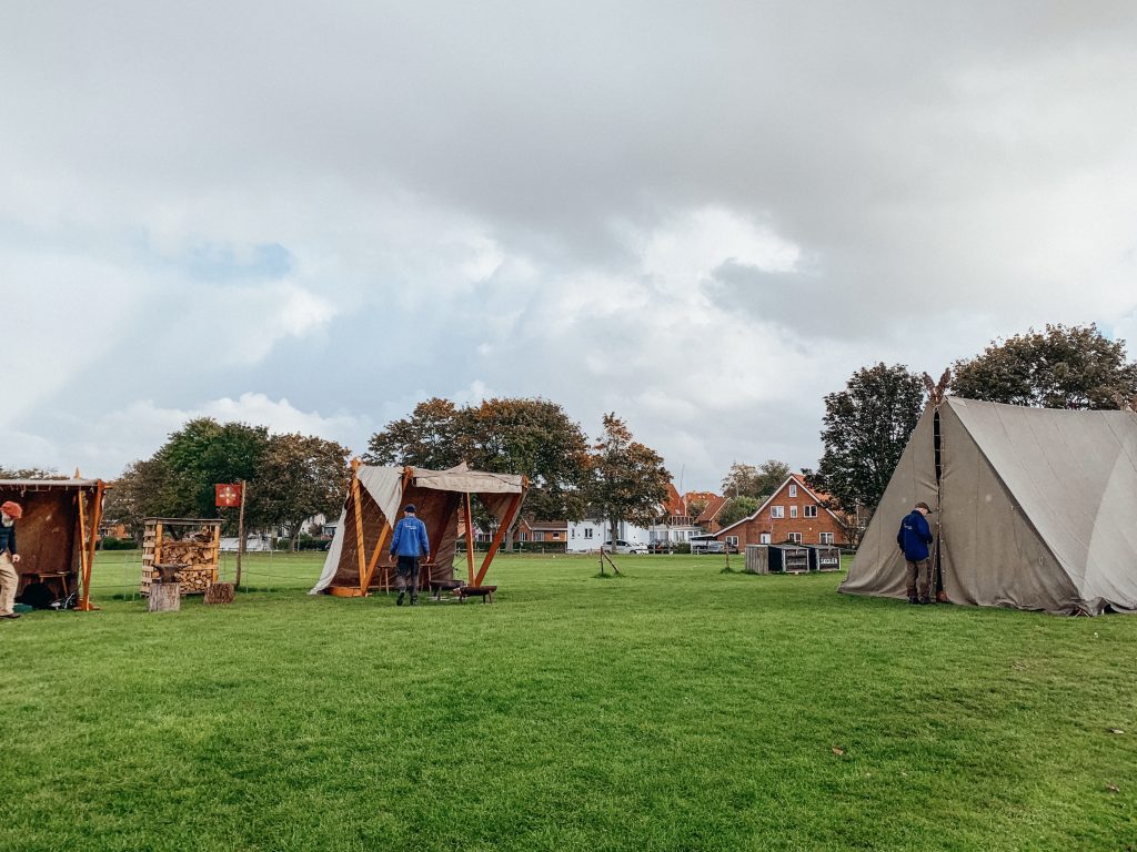 Canvas tents on large grass lawn with Viking games