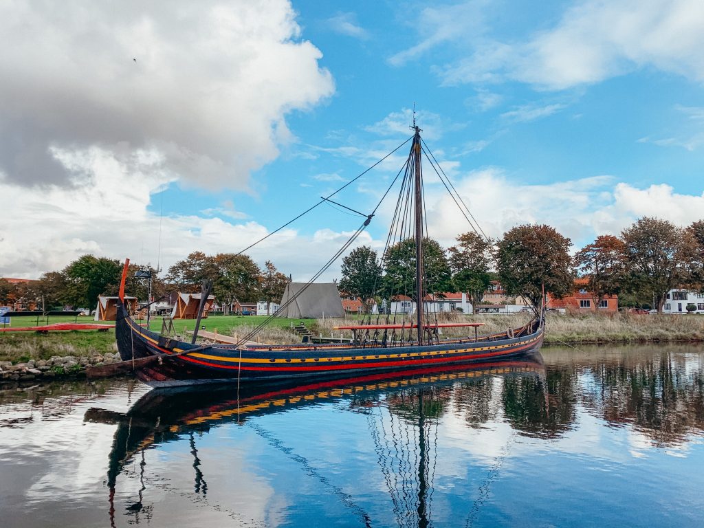 Colorful reconstructed Viking long ship at the Viking Ship Museum
