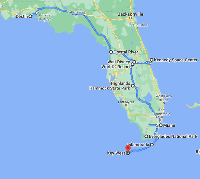 Map of Florida roadtrip with kids destinations