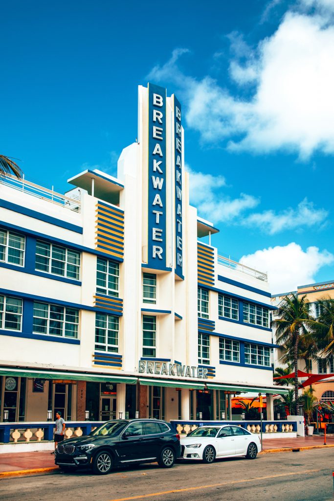 Art deco white and blue building in Miami
