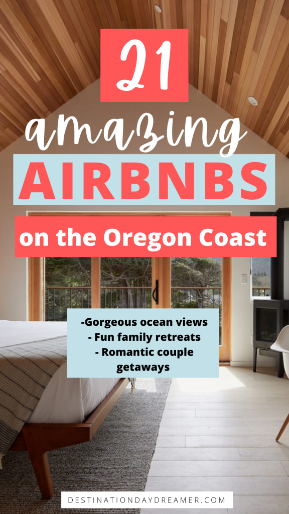 Text of amazing Airbnbs on the Oregon Coast over bright and airy hotel room