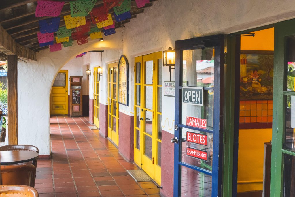 Colorful doors on Spanish-style building at California State Historic Park