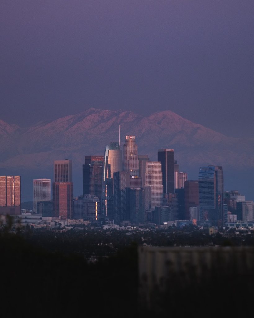 Mounty Baldy behind the skyline of Los Angles, one of the best hikes near Los Angeles