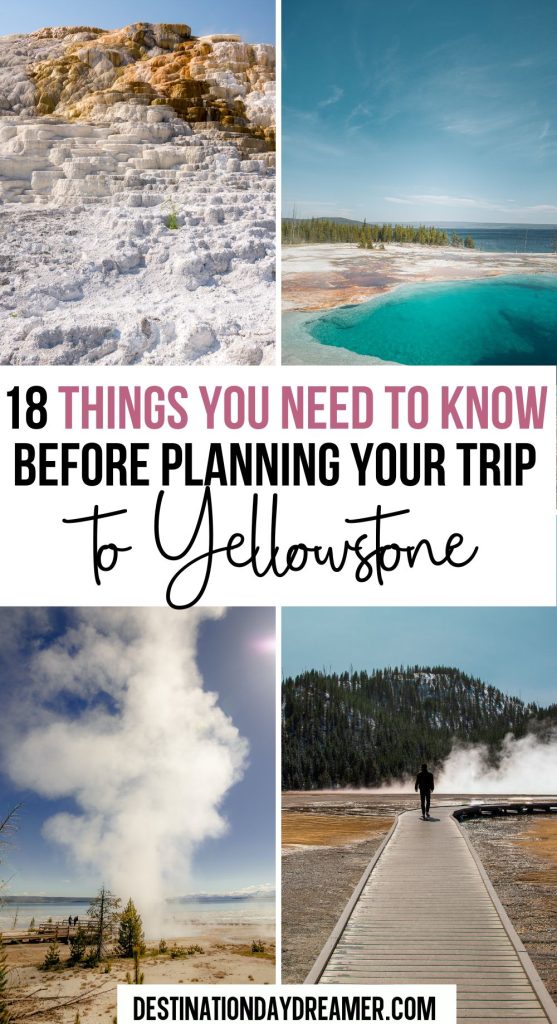4 images of yellowstone national park with words overtop '18 things you need to know before planning your trip to yellowstone'