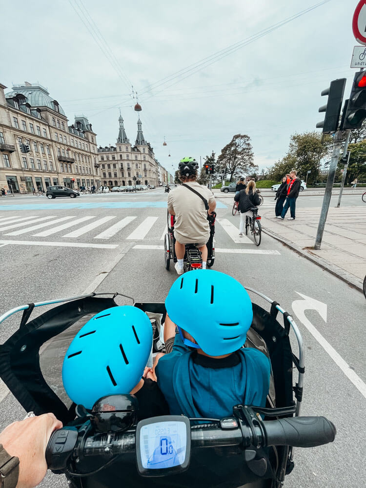 Two children with blue helmets sit in cargo bike at a stoplight in Copenhagen