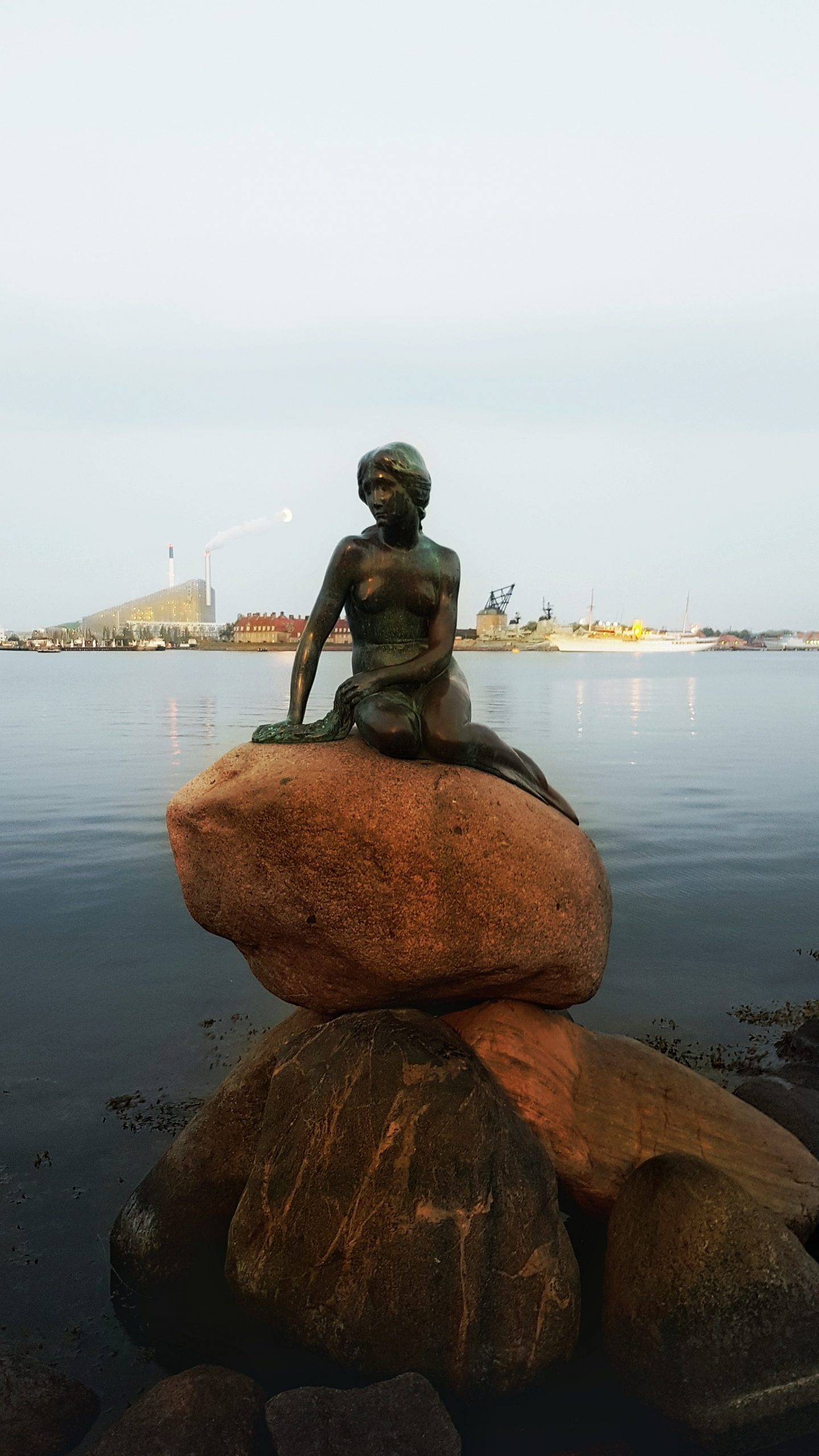 A statue of a mermaid on a rock in the Copenhagen harbor