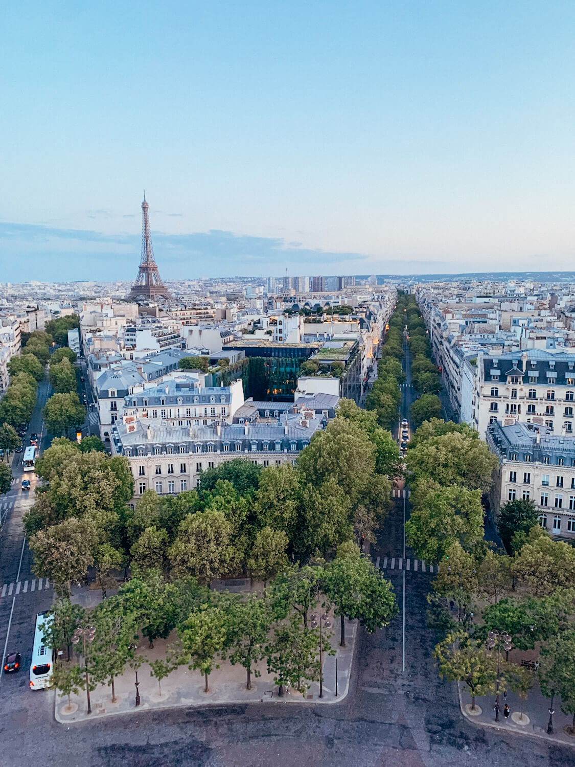 View of Eiffel Tower and the city of Paris from the Arch de Triomphe