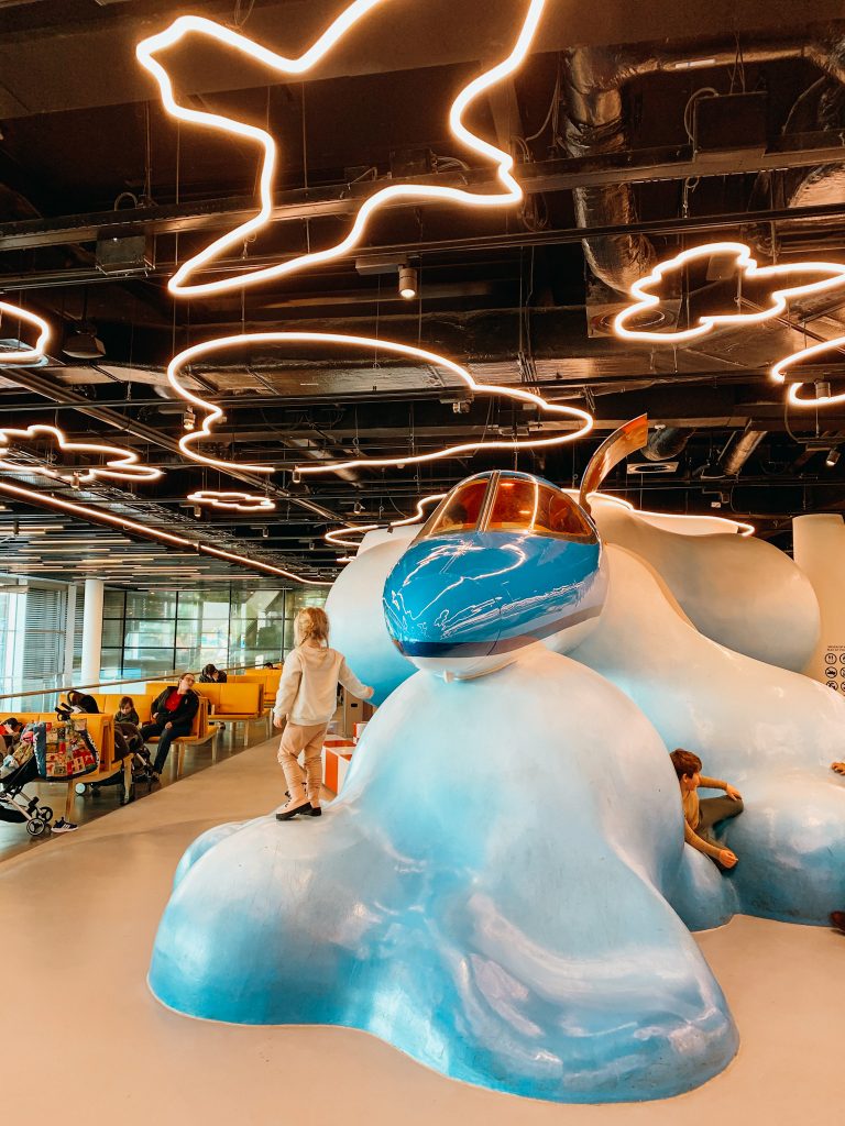 Blue and white playground shaped as clouds or an airplane