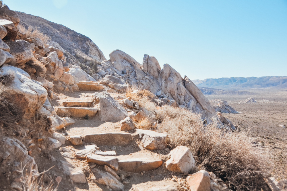 Rock stairs lead up mountain side in the desert