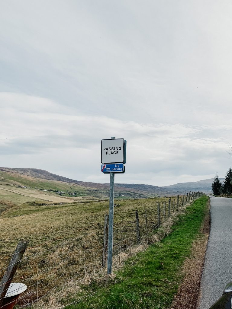 Sign that reads 'passing place' next to a small road 