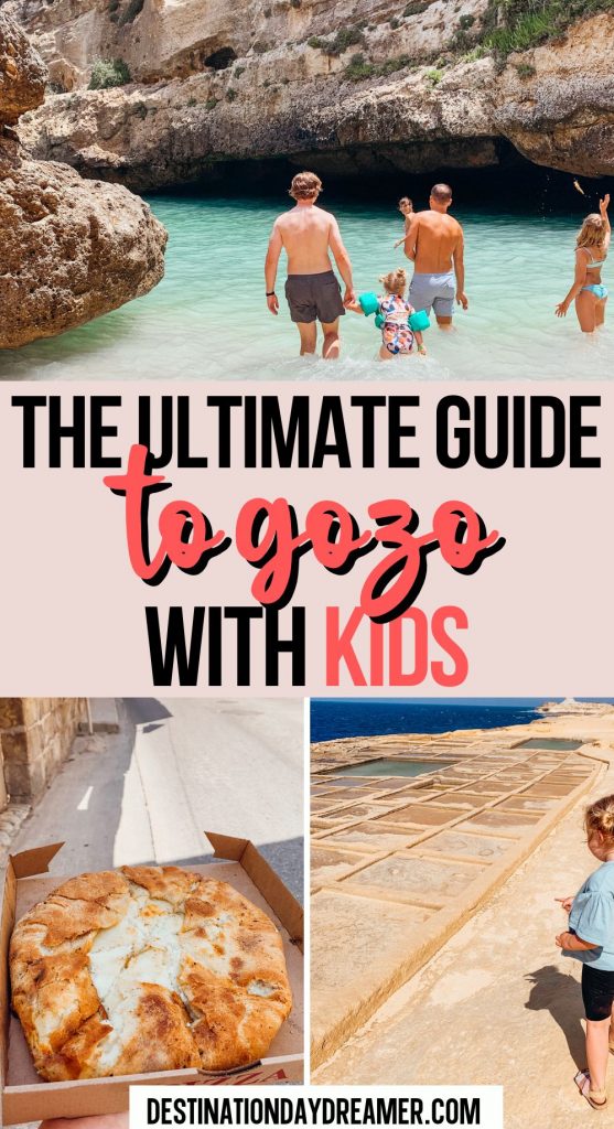 Three images of Gozo with a text overlay that reads 'The Ultimate Guide to Gozo with Kids'