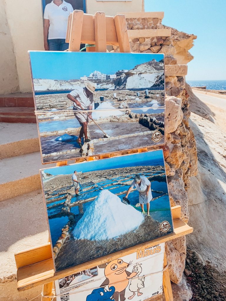 Images of person sweeping salt in a salt pan next to the sea