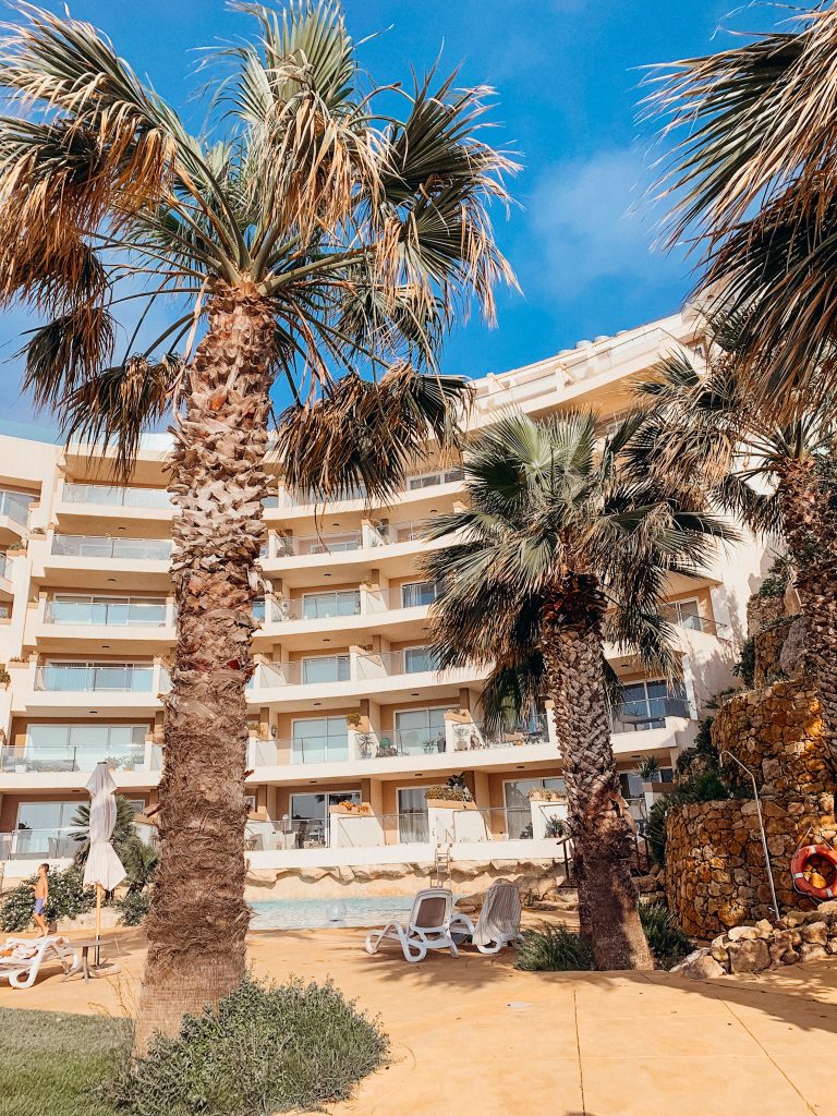 Palm trees and pool in front of white apartment building