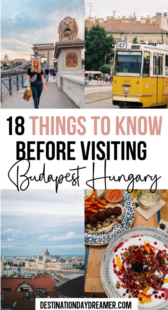 Images of Budapest with the words overtop that read '18 Things to Know Before Visiting Budapest Hungary'