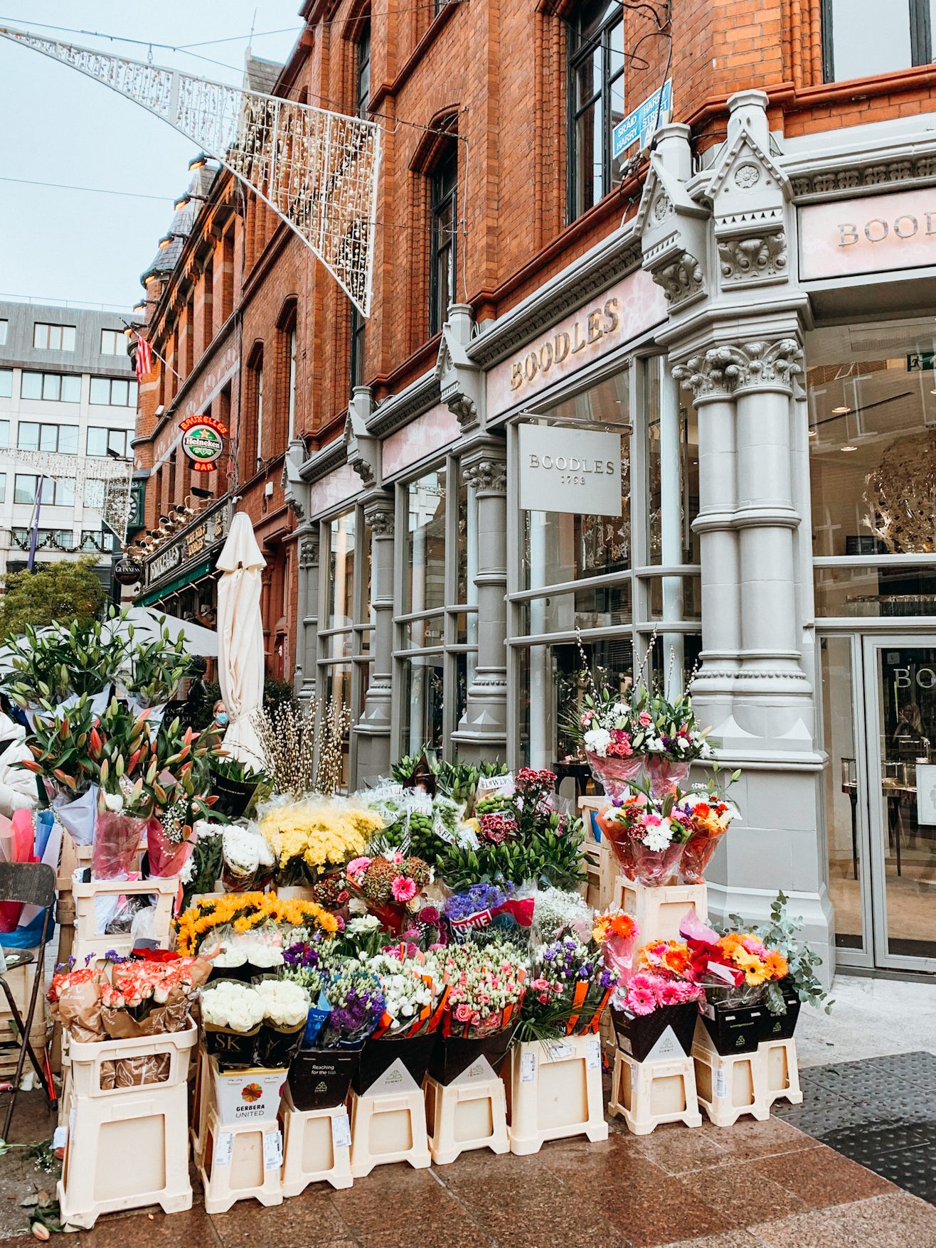 Large flower display on Grafton Street in Dublin Ireland