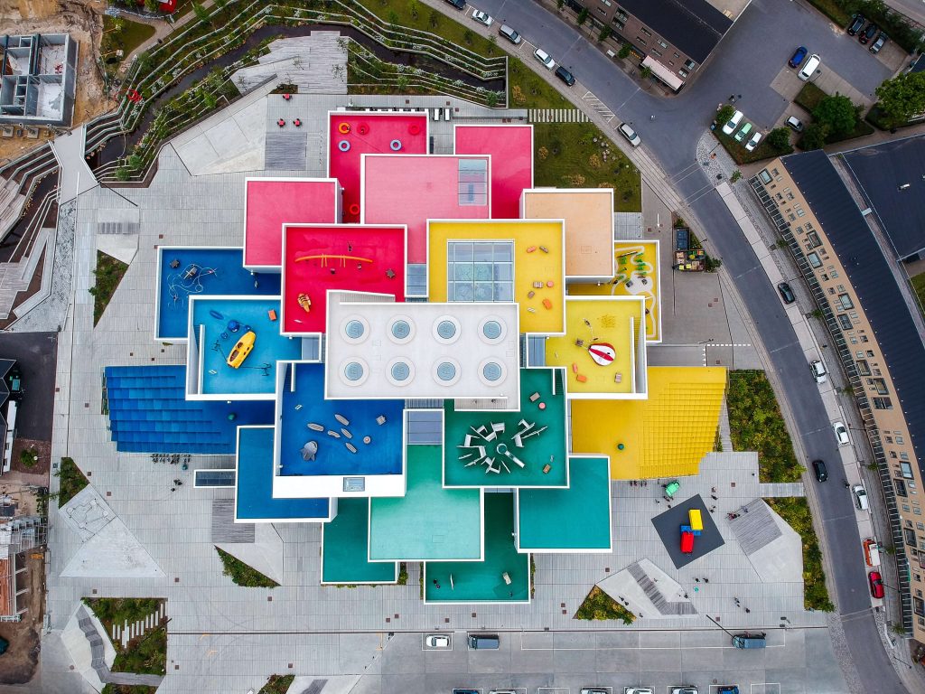 Ariel view of large building comprised of colorful squares in Billund Denmark