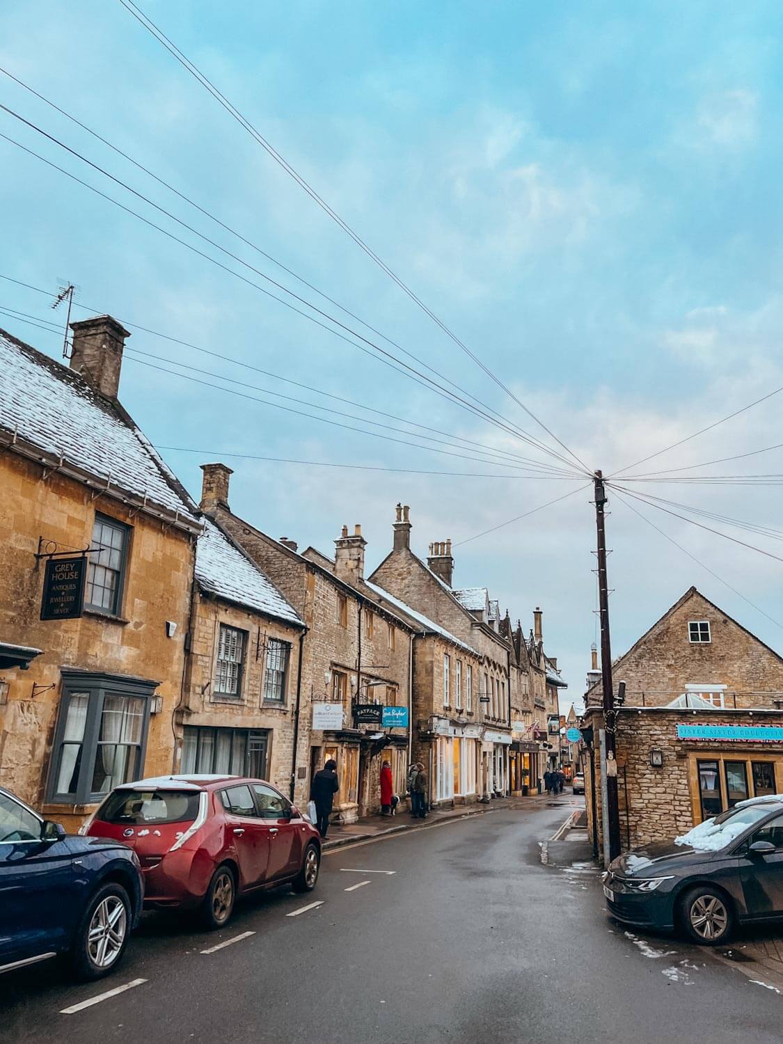 Old Stone Buildings line small road in Stow-on-the-Wold in November