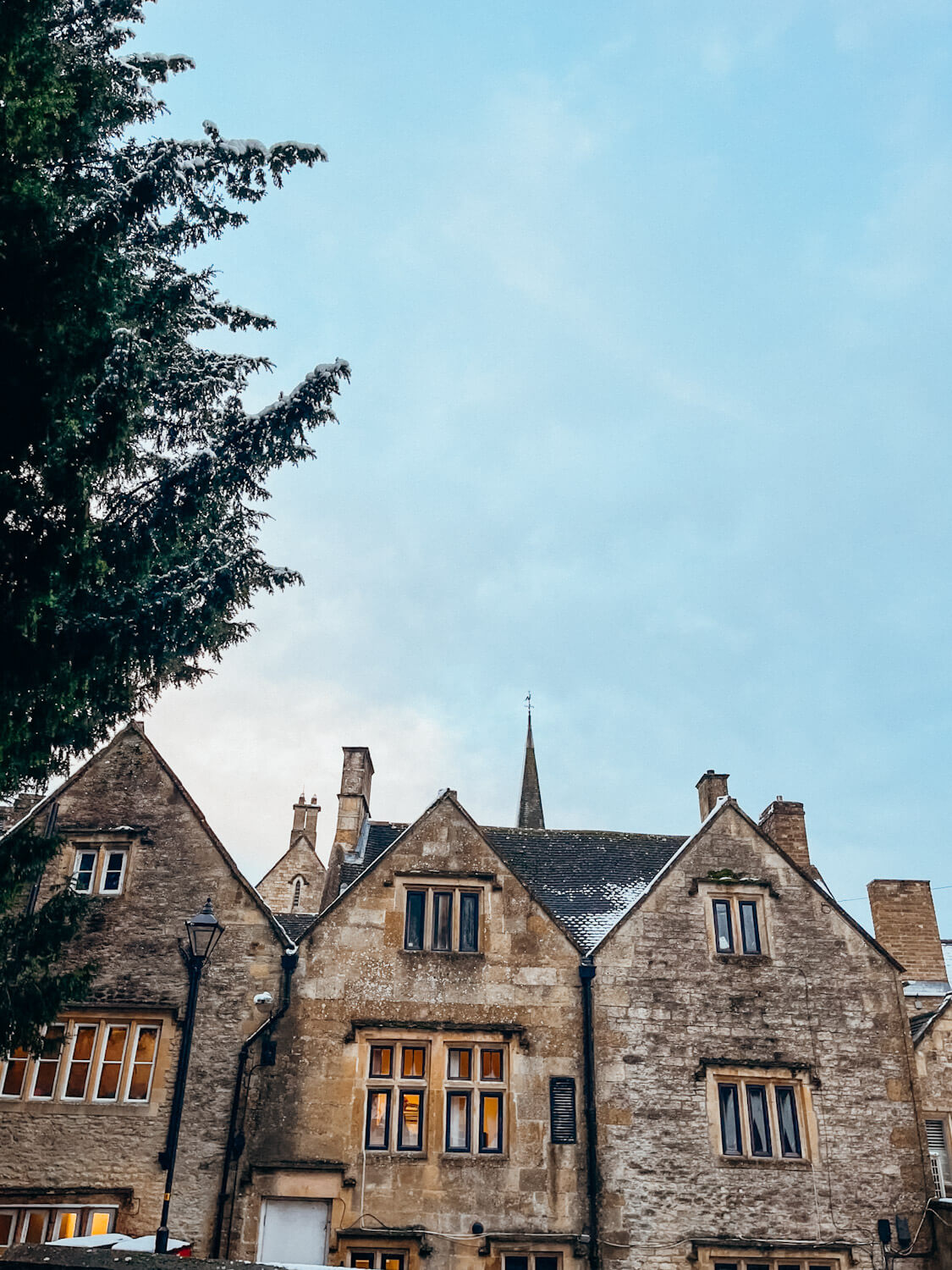 Stone Buildings with black trimmed windows and pointed roofs in Stow-on-the-Wold in November