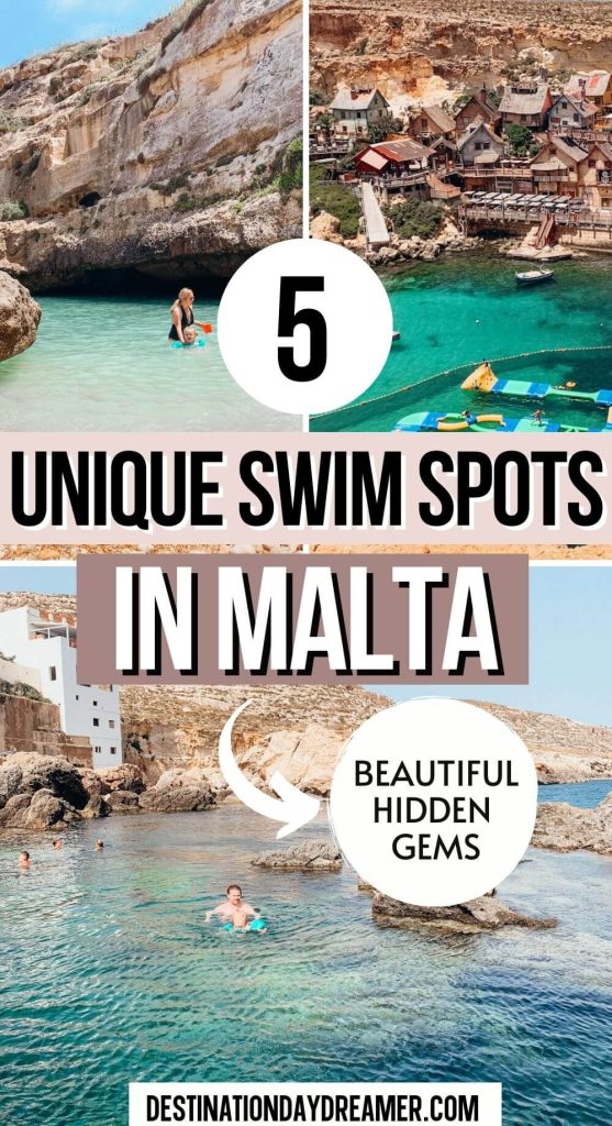 Multiple images of swimming spots in Malta with words overtop that read 5 unique swim spots in Malta