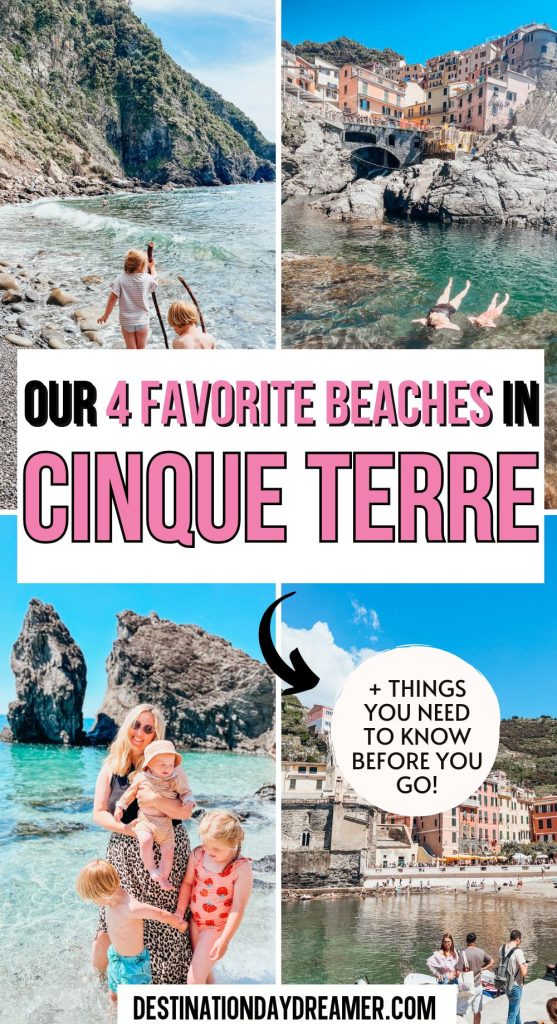 Images of Cinque Terre Beaches with words overlay that read 'Our 4 Favorite Beaches in Cinque Terre'