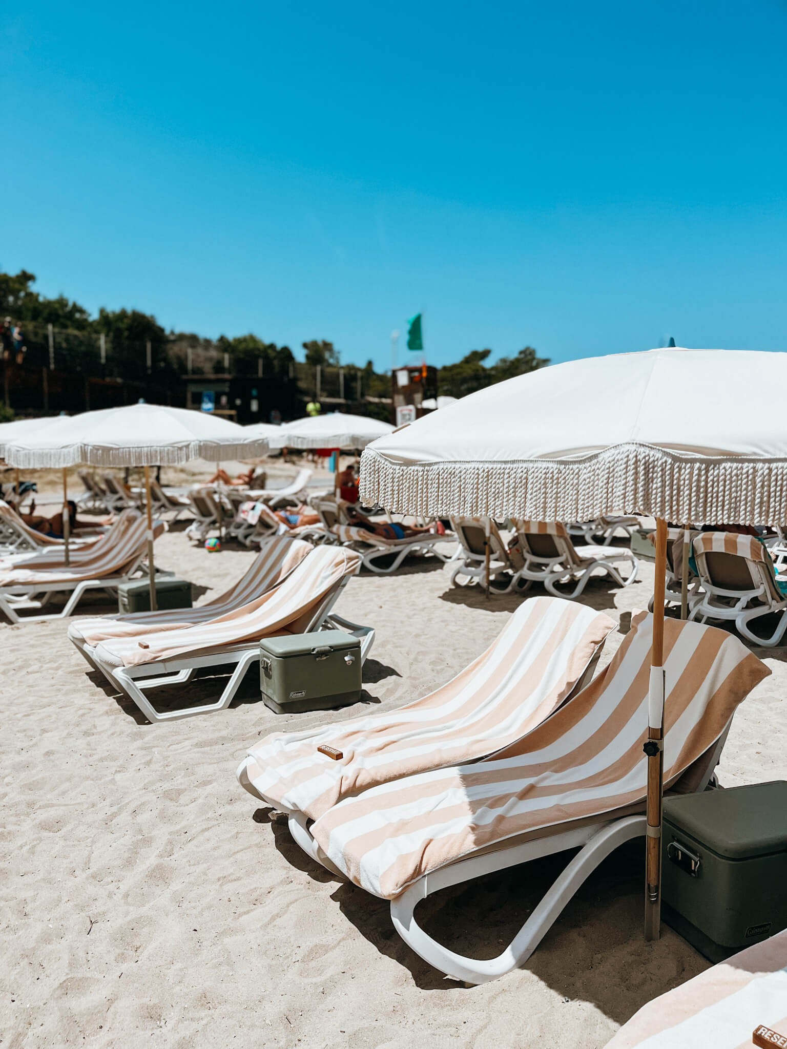 Rows of beach beds and umbrellas with brown and white striped towels at Cala Gracio in ibiza Spain