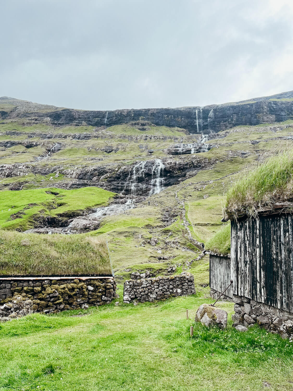 Grass covered, stone and wooden cottages in front of a waterfall