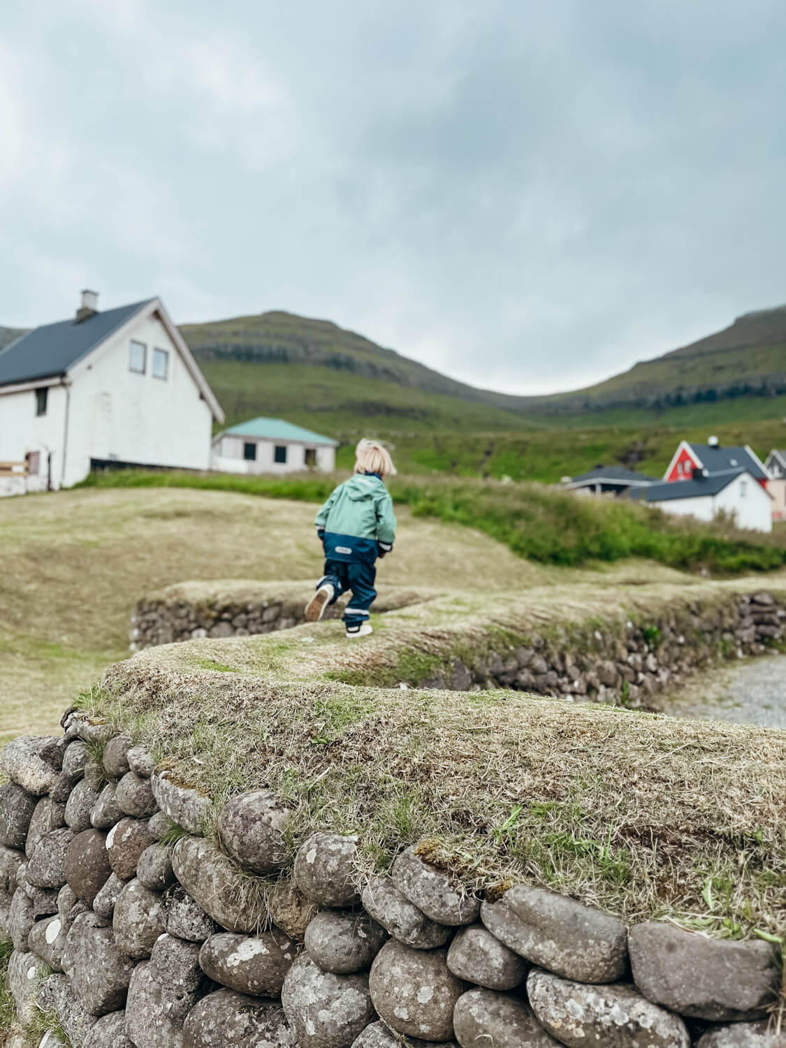 Child stands on top of grass-covered stone wall