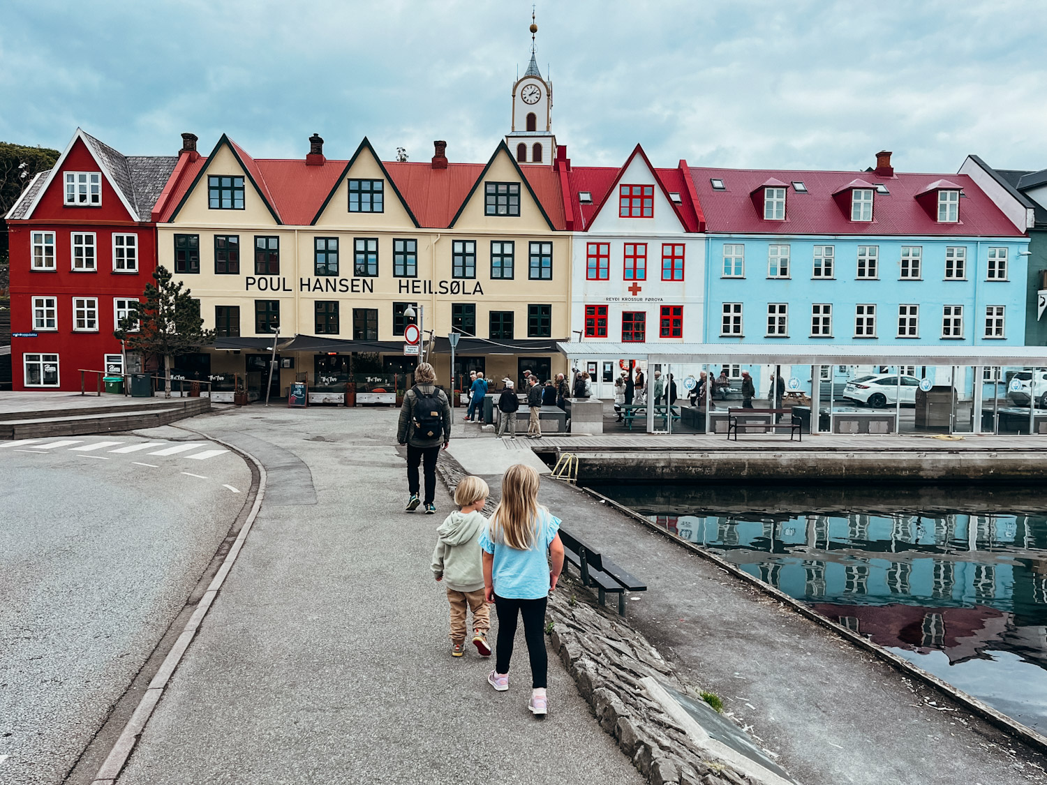 Colorful buildings next to a harbor in Torshavn. 