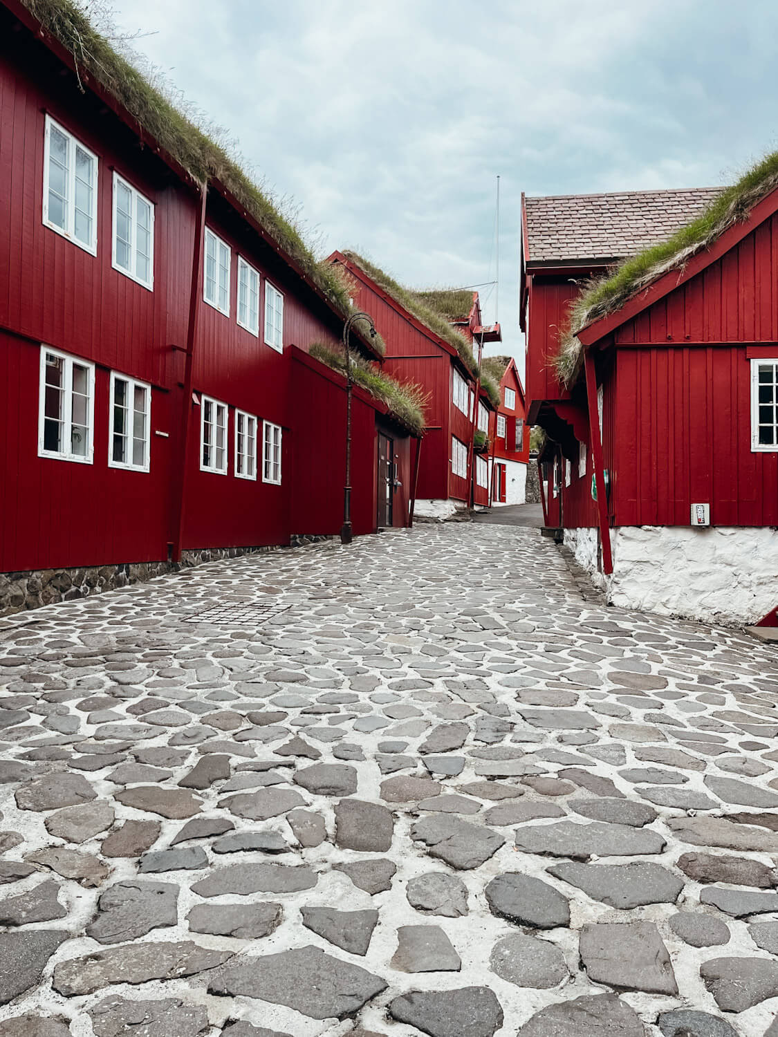 Red, wooden buildings with a grass covered roof in the Faroes