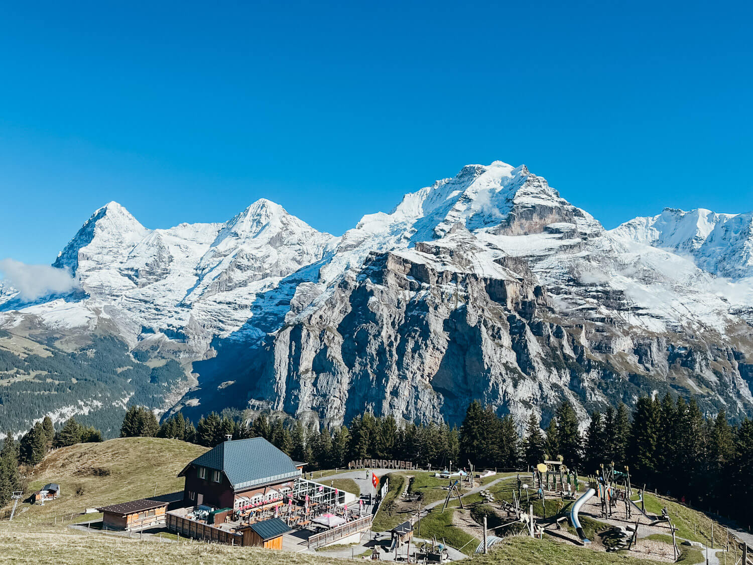 Ariel view of large playground and restaurant at Allmendhubel in Murren Switzerland