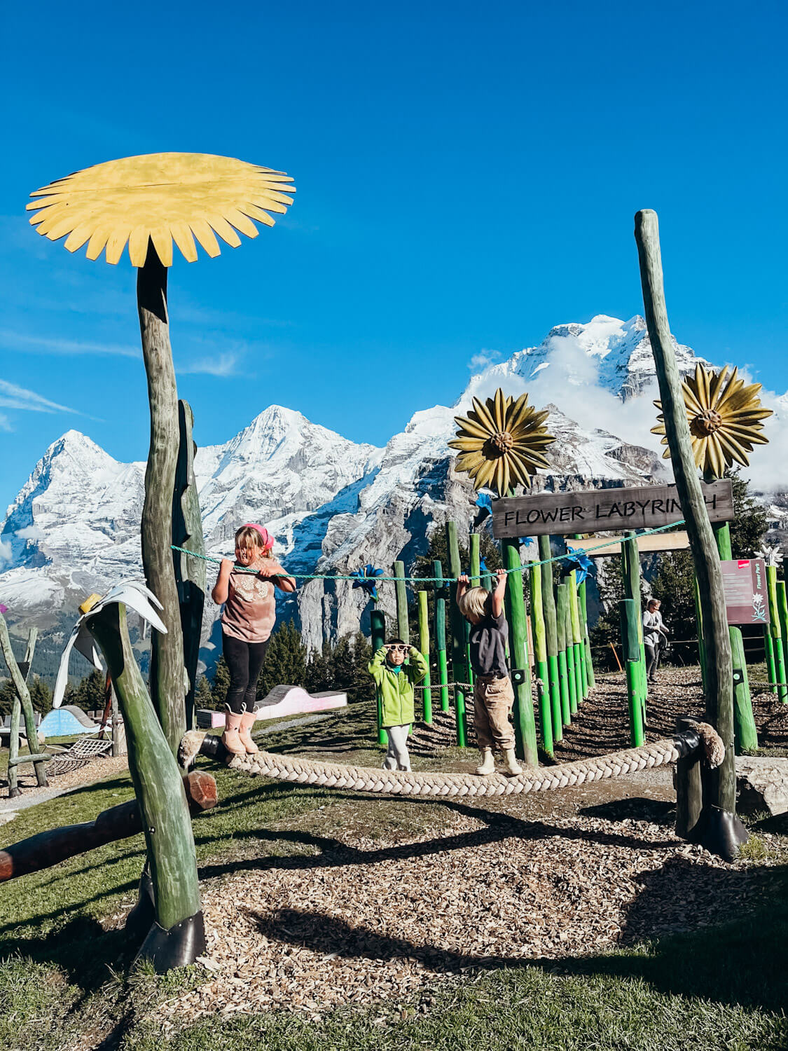 Kids play on wooden and rope play structures at Allmendhubel Flower Park playground in Murren Switzerland with views of snow-capped mountain peaks