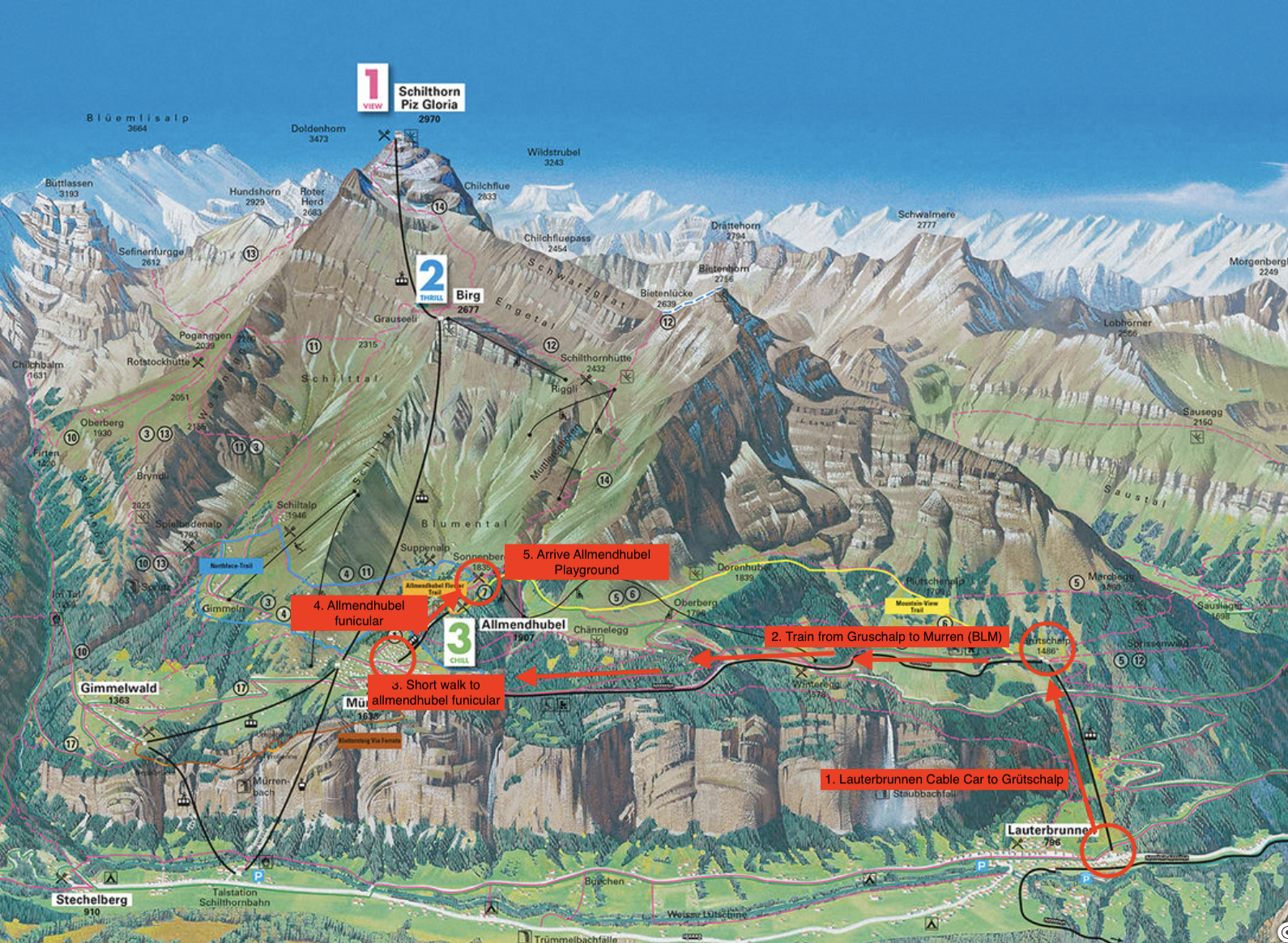 Map of how to get to allmendhubel playground in murren