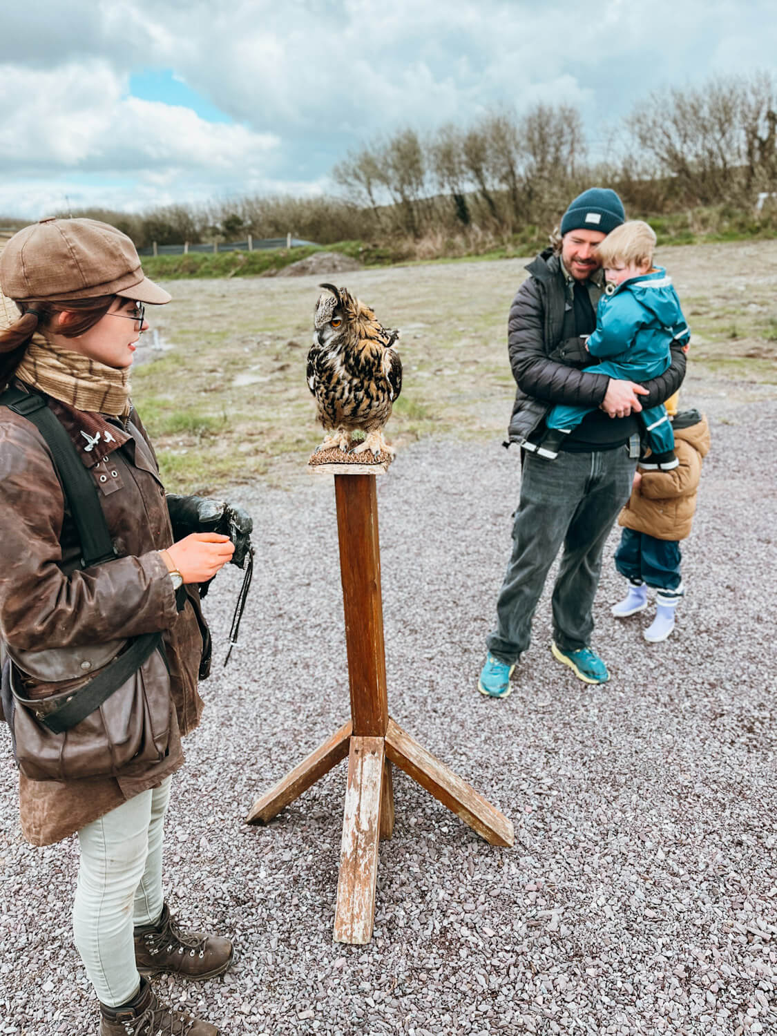 Falconer stands next to an owl on a pole with a small family looking on at Kingdom Falconry in Dingle Ireland