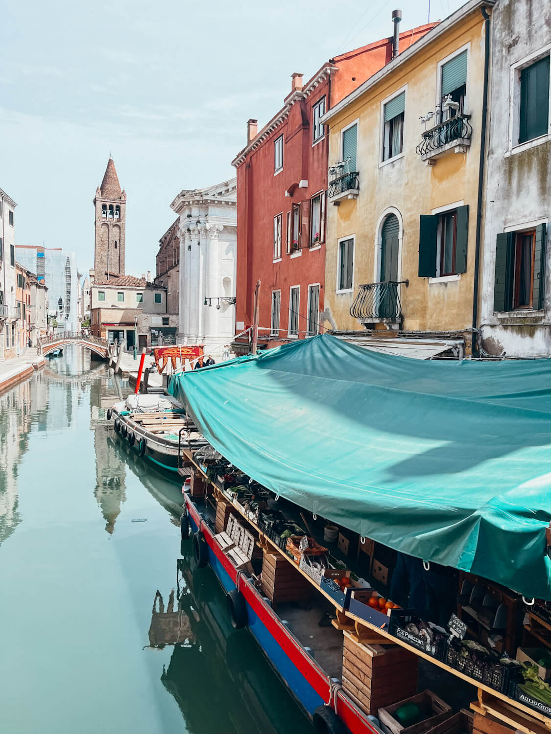 Traditional Venetian boat turned into a fruit stand in Venice
