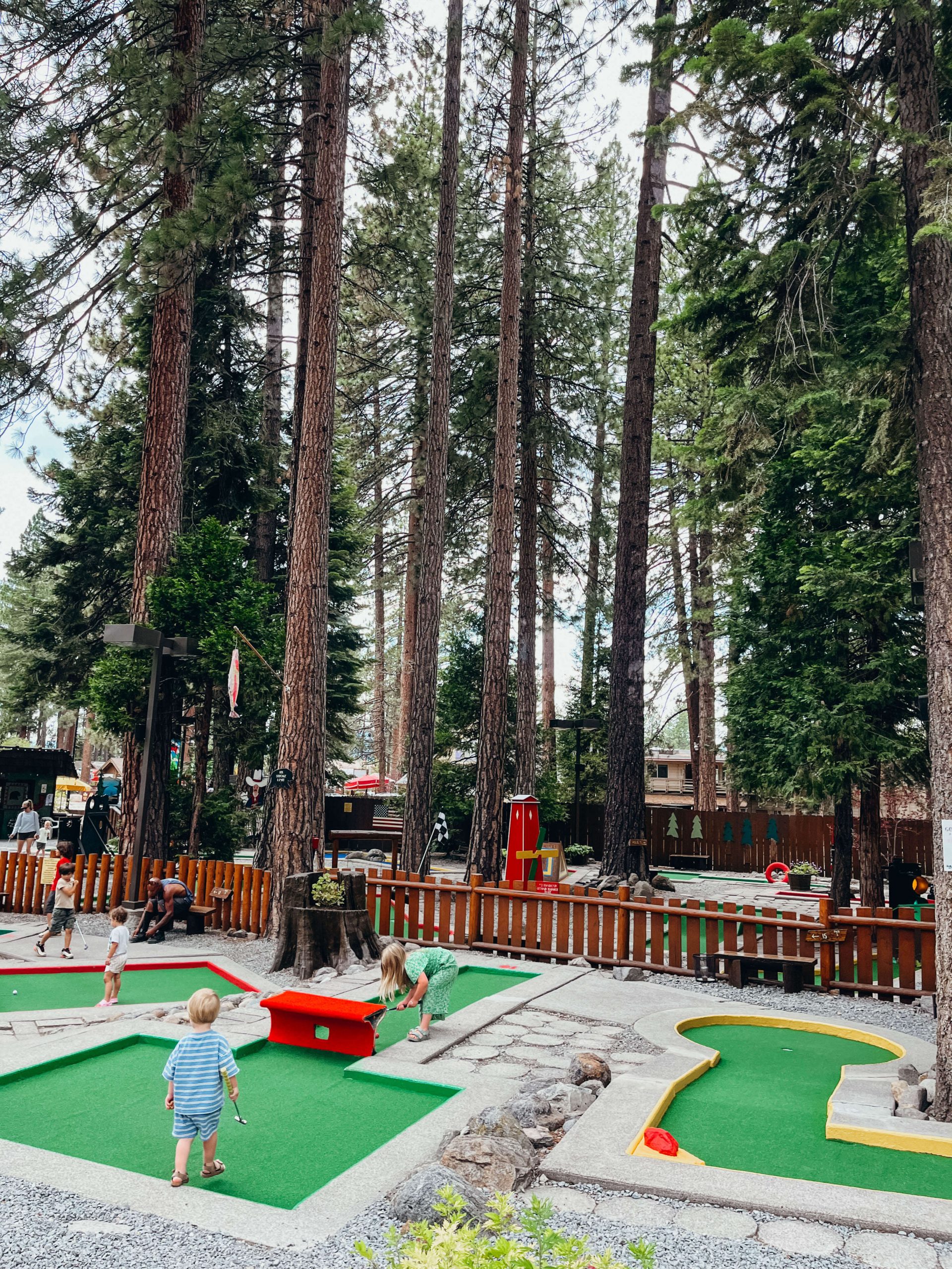 Children play on mini golf course shaded by large pine trees at a Lake Tahoe mini golf course