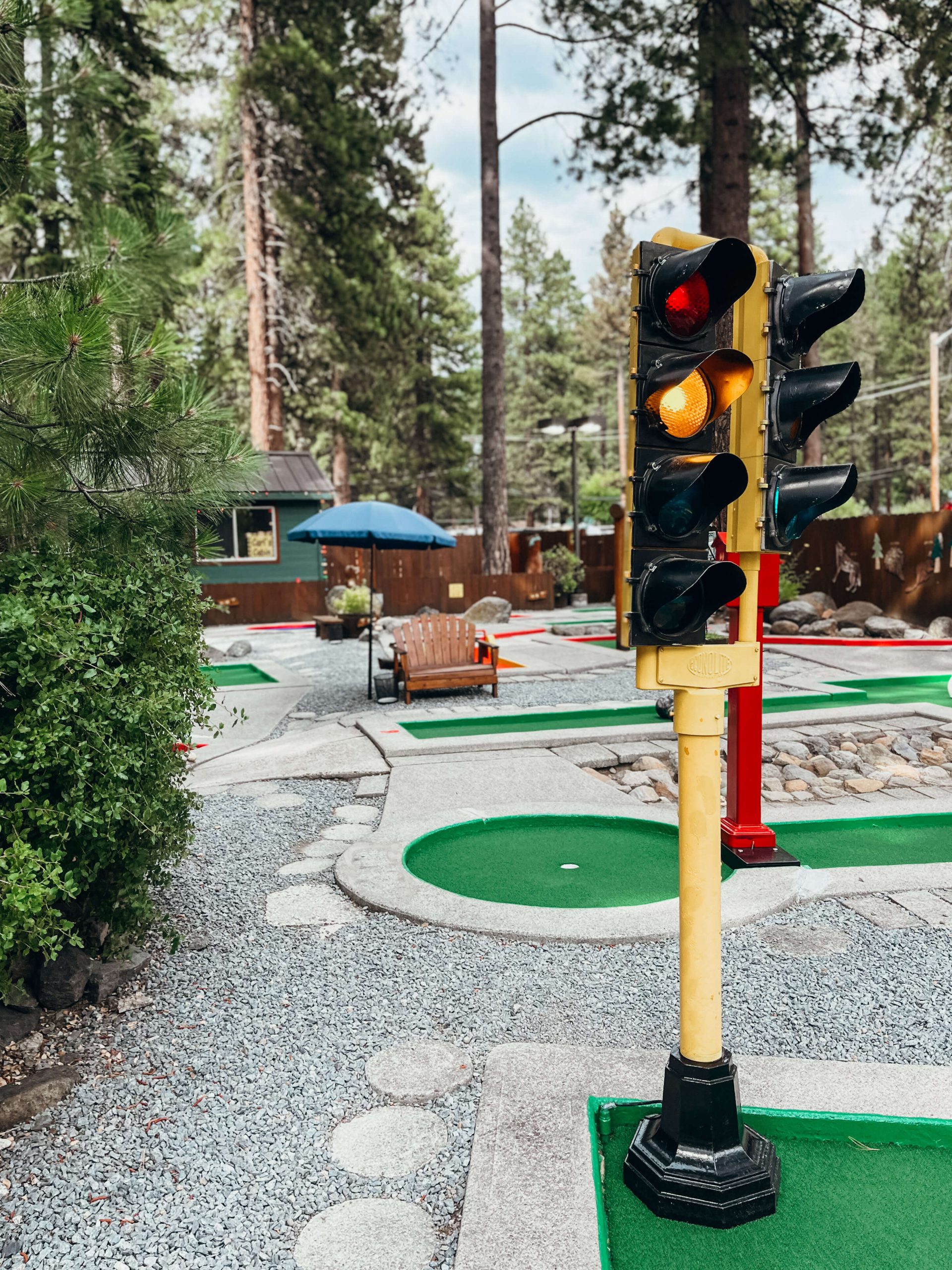 Functioning stop light on a green at King's Beach Mini Golf at Lake Tahoe
