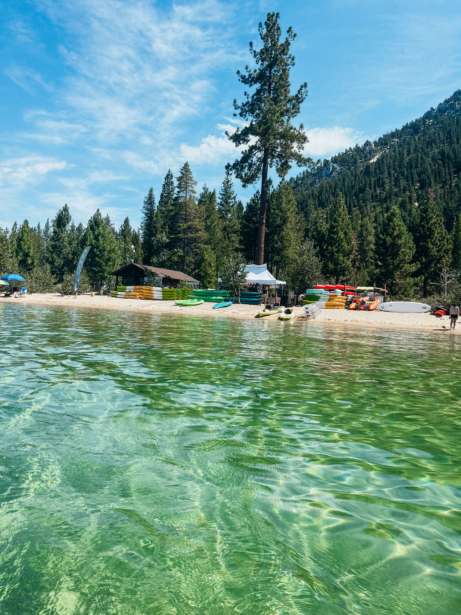Tent renting kayaks and SUPS on Sand Harbor Beach, Lake Tahoe