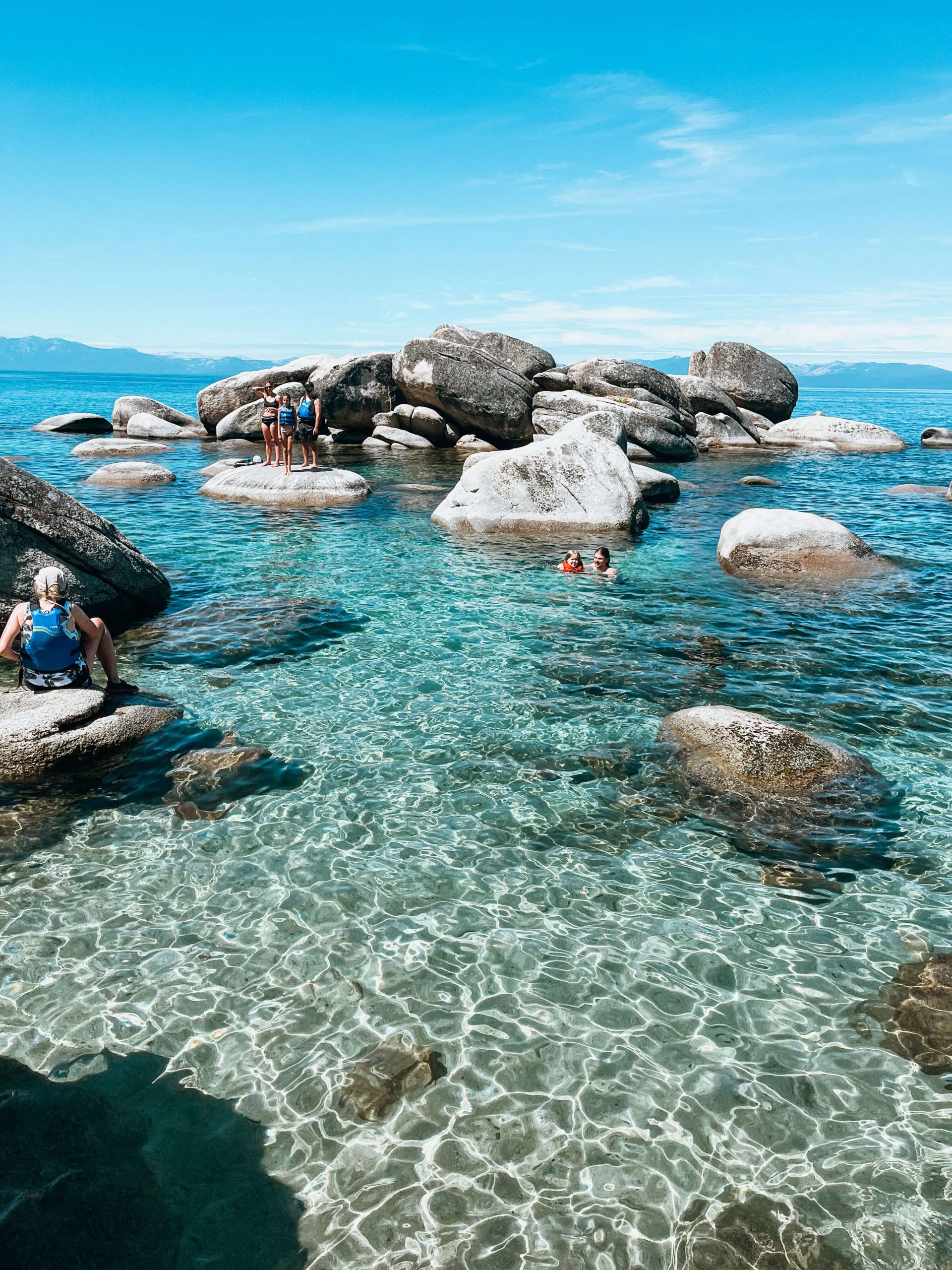 Clear blue and green water with large boulders at Lake Tahoe near Bonsai Rock and Sand Harbor State Park