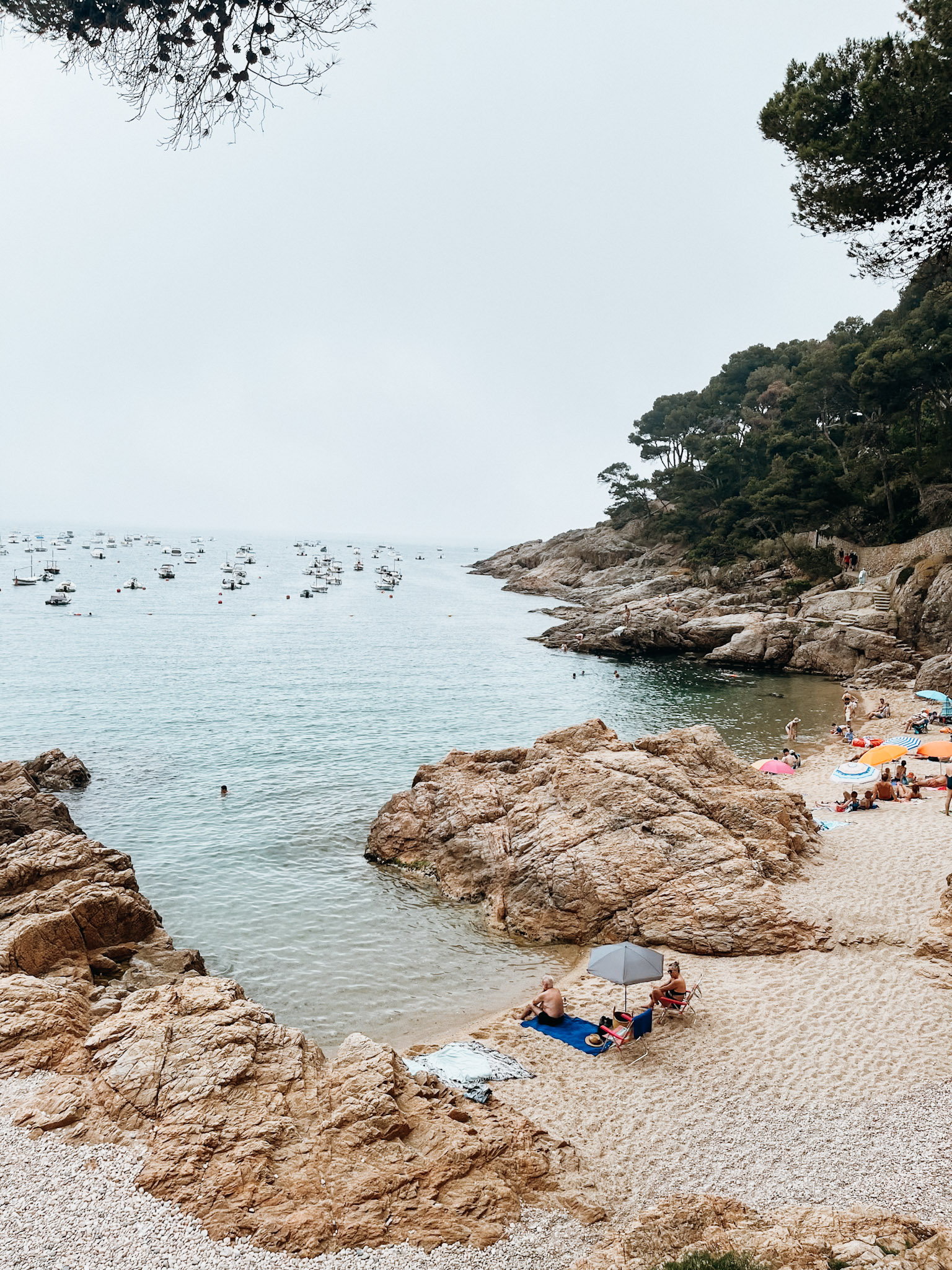 Two small sandy coves separated with large rocks at Platja dels Liris near Tamariu Beach Costa Brava in June