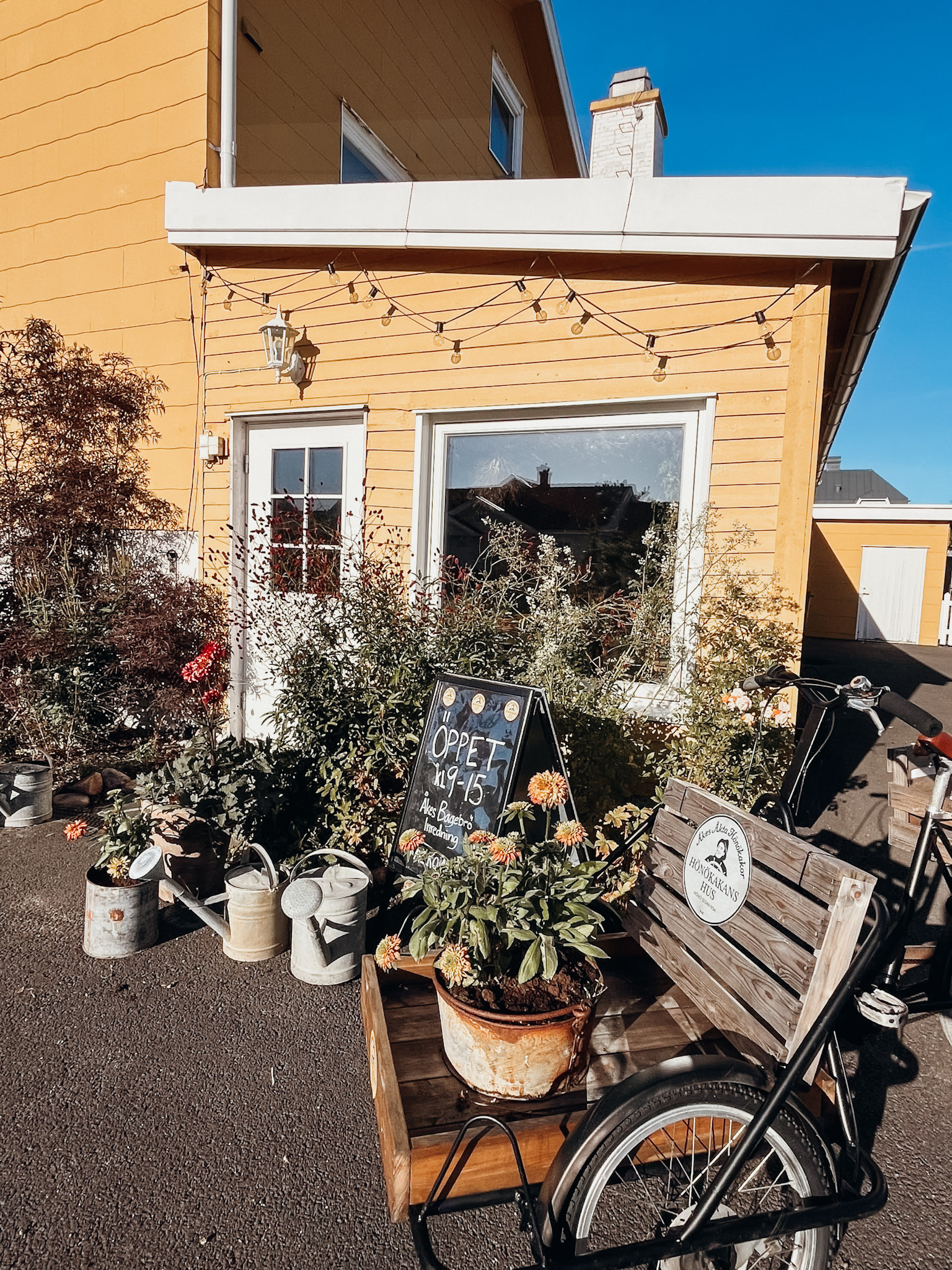 Cargo bike and flowers in front of yellow home on Hönö Island, Sweden